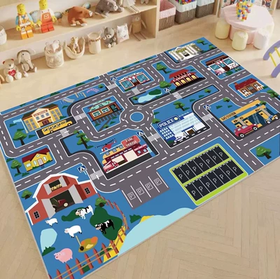 Children's Fun Parking Lot Play Mat for Kids, Parent-Child Interaction, Baby Early Education, Living Room Floor Mat, Stain-Resistant, Easy to Clean, Large Carpet (Avtomobil döşəmə paspasları) - parking-lot-mat-1-80120cm-crystal-velvet