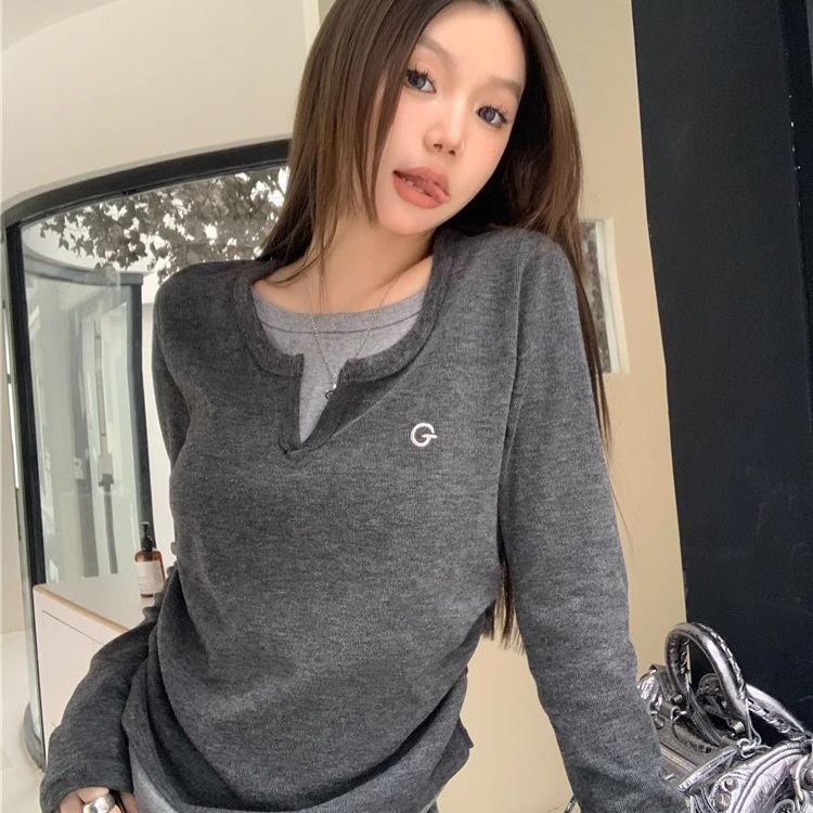 德容  假两件设计百搭长袖T恤秋冬内搭修身显瘦打底上衣