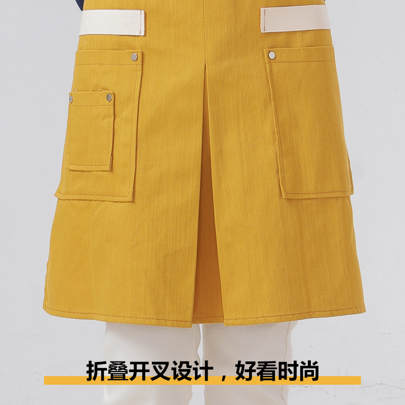 Delantal transfronterizo de algodón de sarga de Amazon, delantal de trabajo amarillo suave con abertura plegable y logotipo personalizado, venta al por mayor