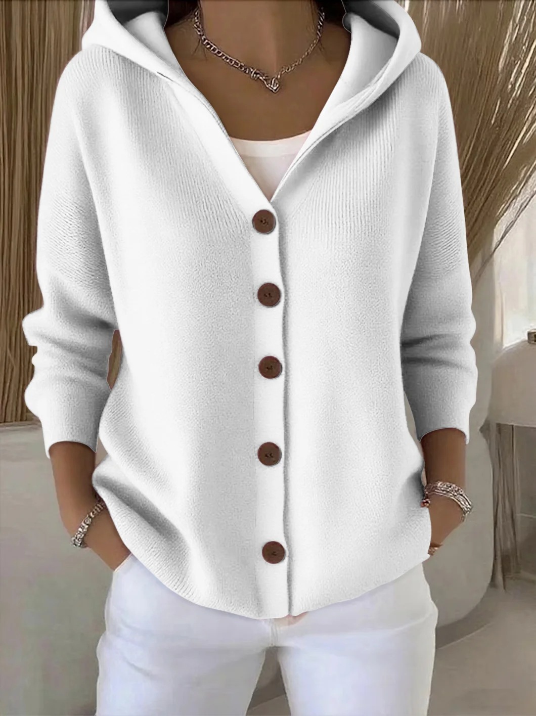 2025 Europa y los Estados Unidos botones de punto con capuchón suéter cardigan nuevo otoño y invierno transfronterizo de color sólido casual moda de mujer