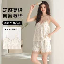 【带胸垫】夏季新款莫棉女吊带短裤套头睡衣甜美休闲女家居服其他
