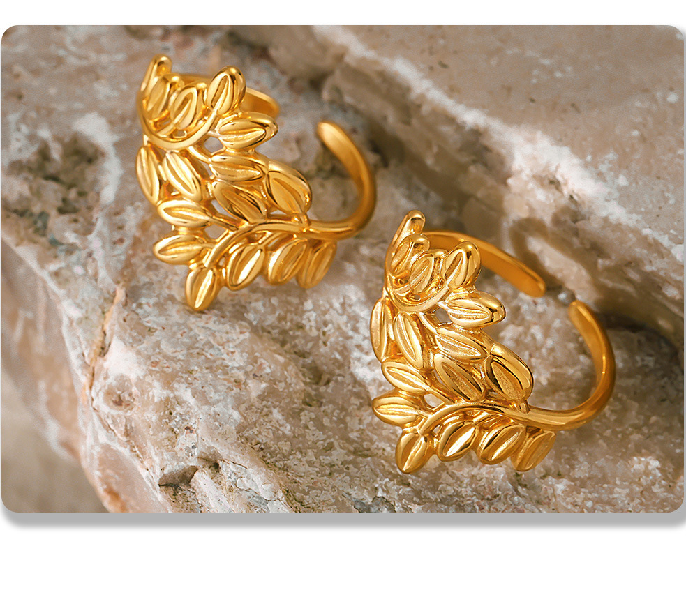 Anello aperto in acciaio inossidabile con linea cava, alla moda, non sbiadisce, bracciale con anello da donna con foglia di temperamento_voghion.com