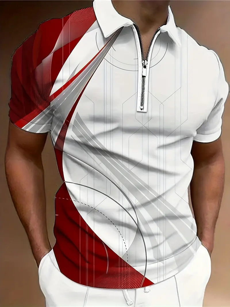 Camisa POLO con cremallera de manga corta con estampado digital 3D para hombre de verano transfronterizo de estilo deportivo y casual patrón geométrico MB13