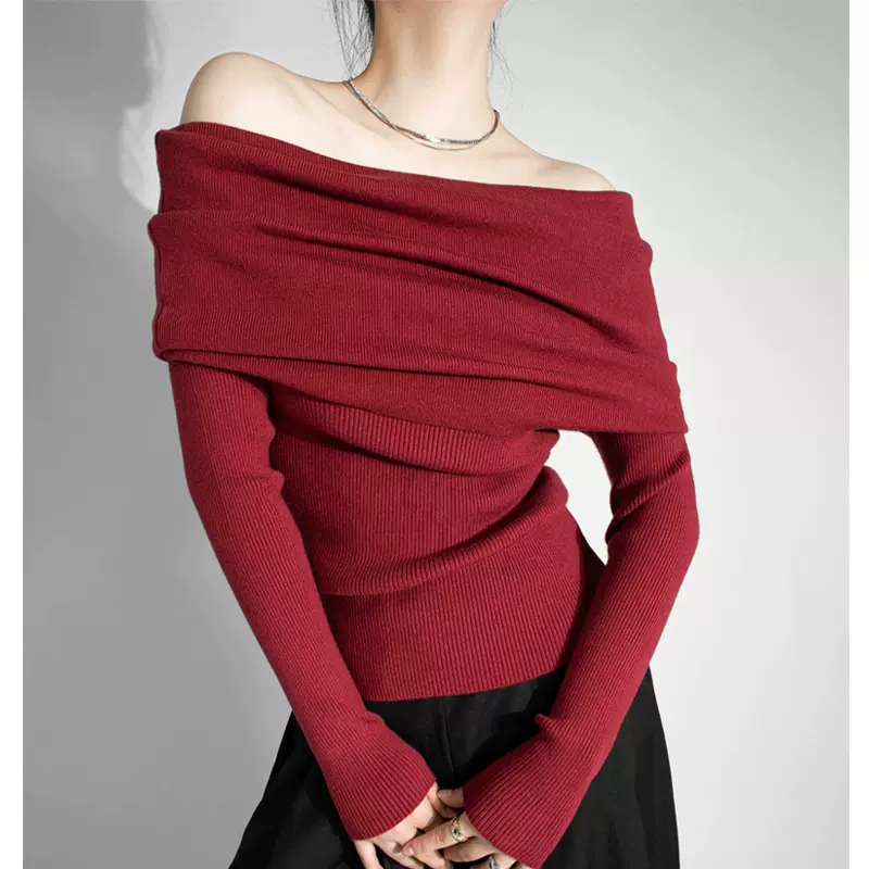 韩系一字肩软糯气质针织衫女秋季设计感小众修身长袖洋气上衣