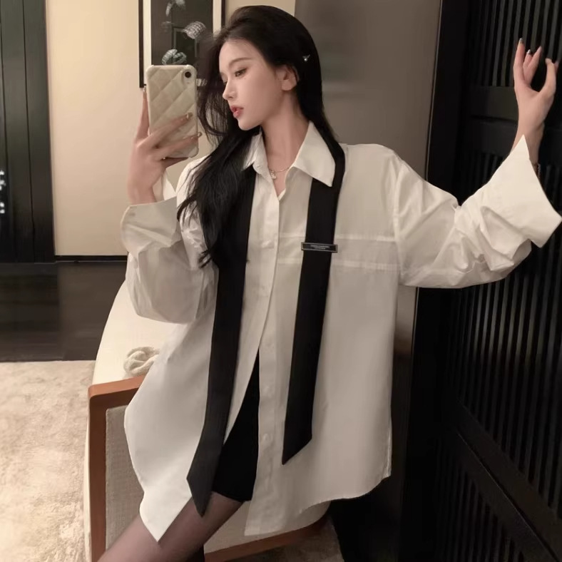 White Shirt for Women, Spring and Autumn Design, Unique Tie, Long-Sleeved Shirt, Casual Loose Style, Lazy Style, Mid-Length Top