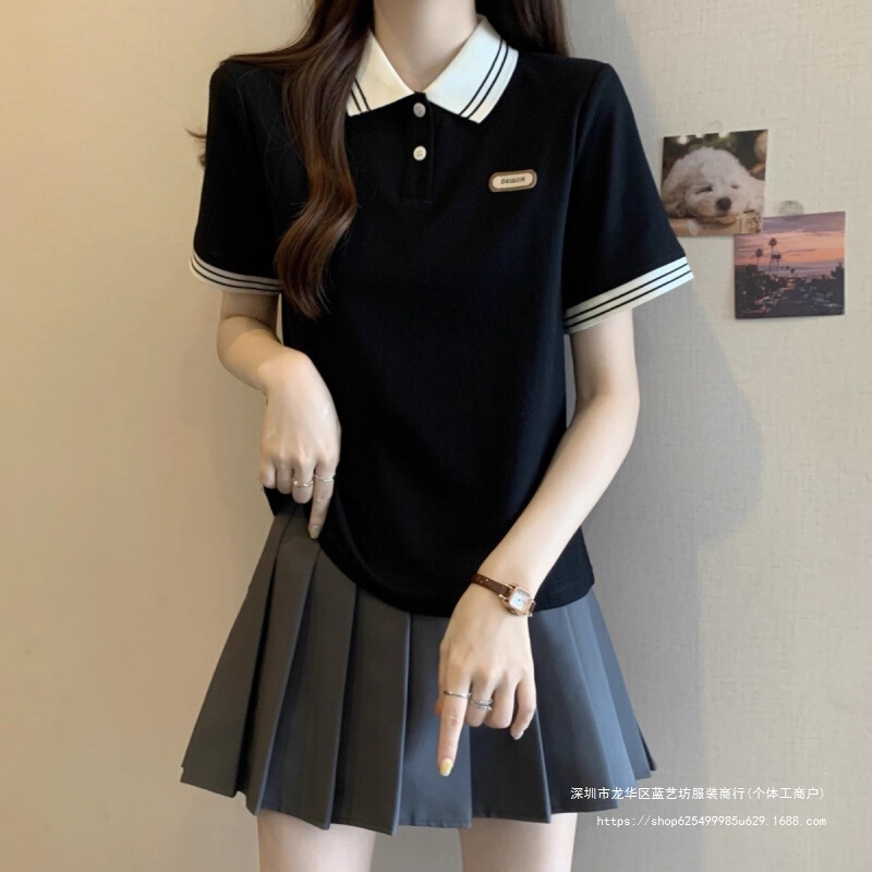 Plus-Size Women's Clothing, Tummy-Covering, Regular Shoulder Polo Collar Base Shirt, Summer Short-Sleeve Top for Chubby Women, Youthful and Versatile College Style Plus-Size Women's Clothing, Tummy-Covering, Regular Shoulder Polo Collar Base Shirt, Summer Short-Sleeve Top for Chubby Women, Youthful and Versatile College Style