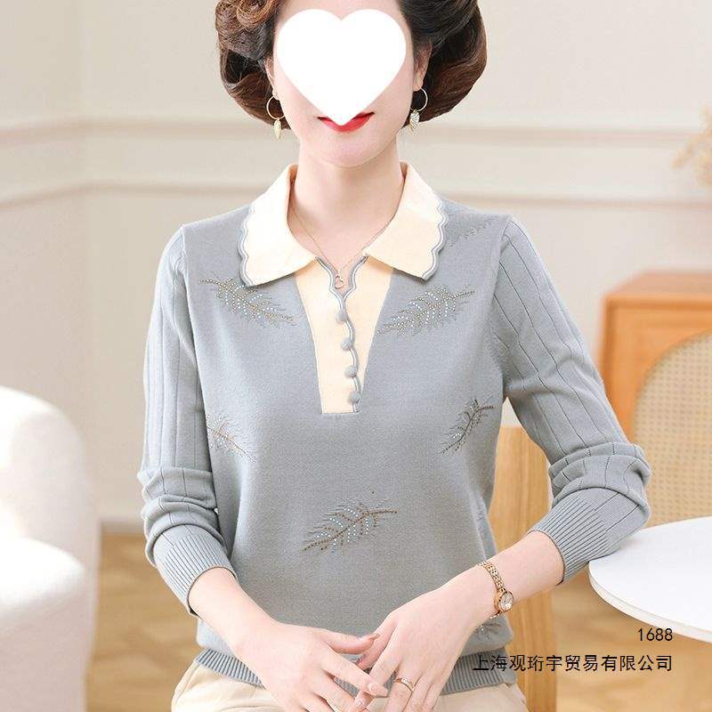 妈妈装春秋季翻领宽松上衣2026中老年女装针织毛衣早秋洋气打底衫