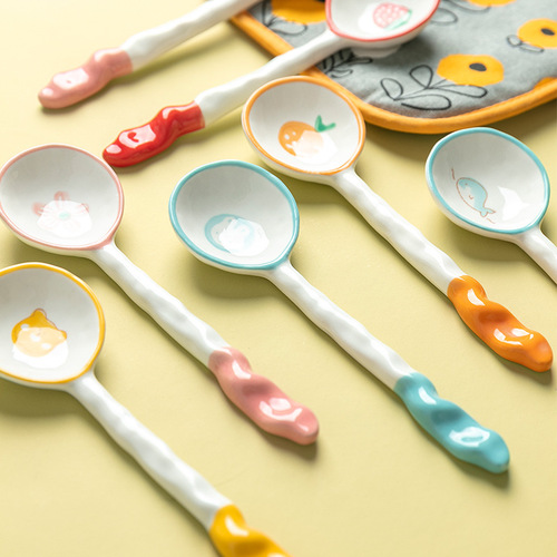 手绘日式ins餐具甜品勺可爱创意家用陶瓷儿童长柄汤勺