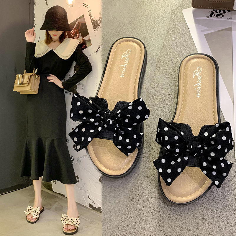 Bowknot Slippers for Women, Summer Student Fashion, Ins-Style Beach Outdoor Wear, Home Soft-Soled Slide Sandals