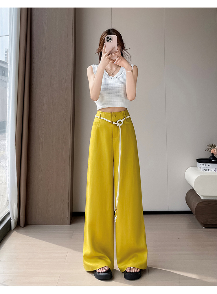 Quần culottes nữ ống rộng vải lanh cạp cao thắt lưng bản to — Màu đen thông thường chi tiết 49