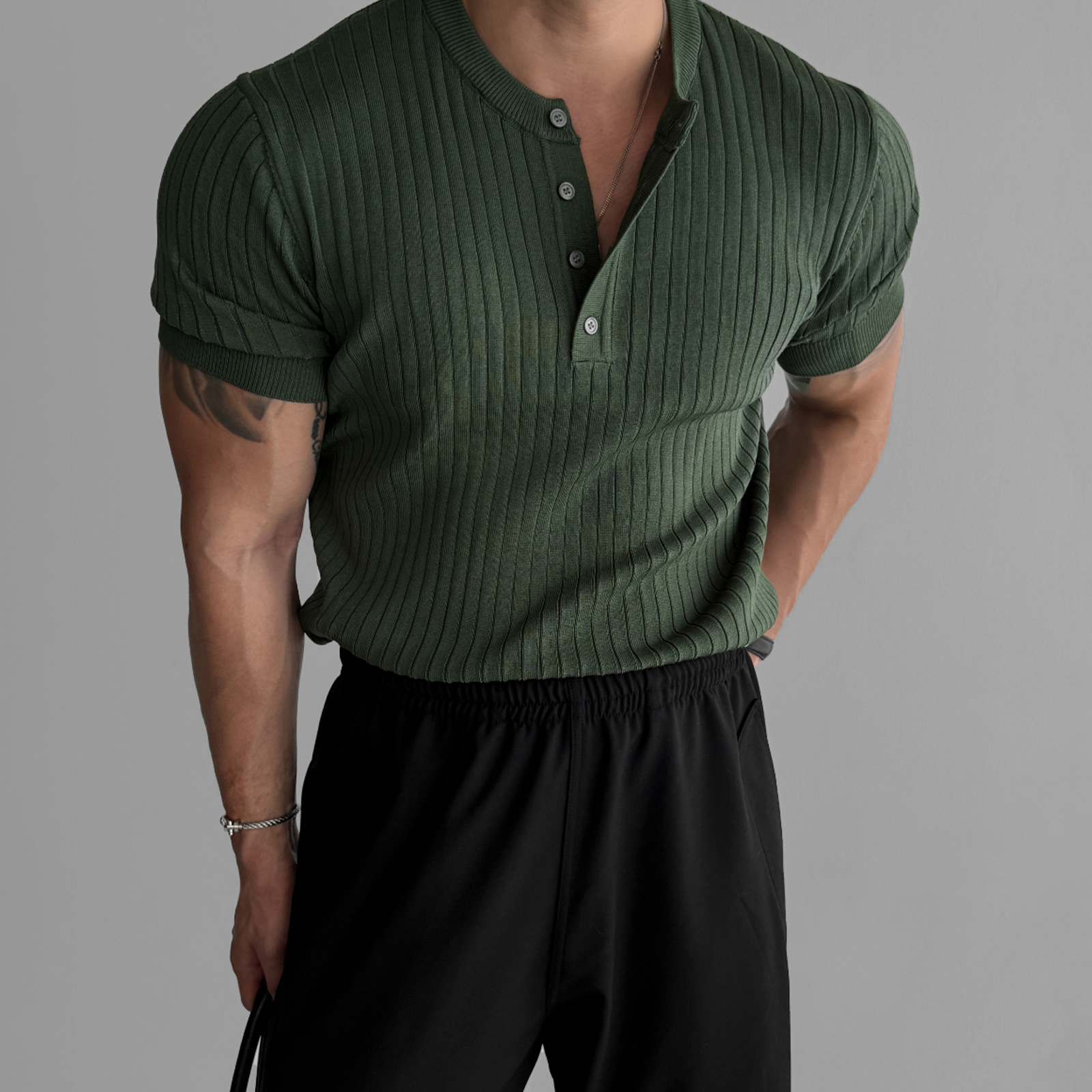 Camiseta de manga corta botones de hombre estampado oscuro de negocios de verano delgado de hielo comercio exterior al por mayor transfronterizo collar Henry