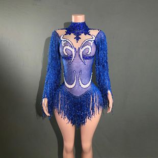 Singer Stage Dance Clothing Retro Pearl Rhinestone European and American Dance Clothing Sexy Long Sleeve Tassel Performance Clothing