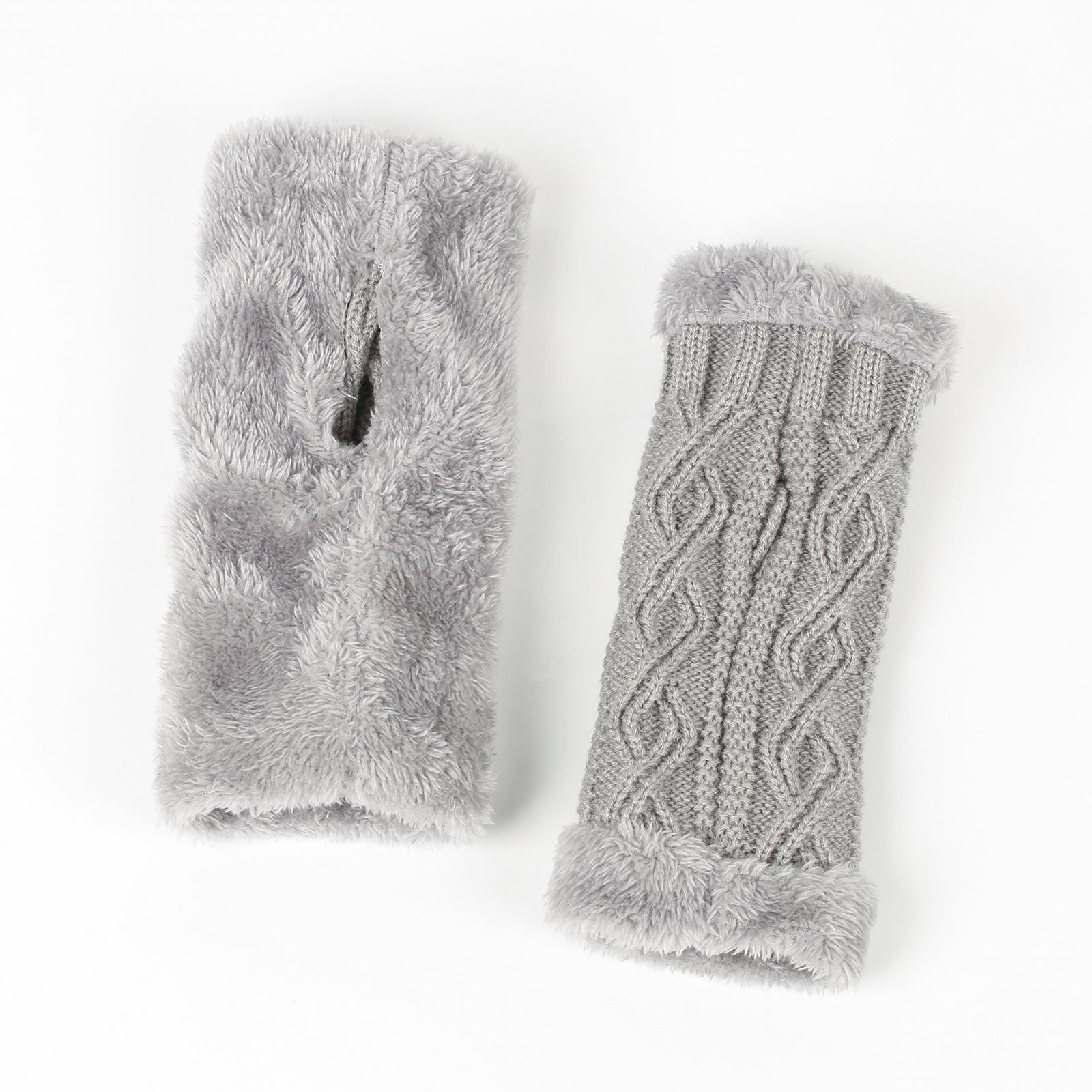 Plush And Thickened Gloves, Diamond Shaped Short Knitted Fingerless Plush Sleeves, Autumn And Winter Warm Plush Gloves_voghion.com