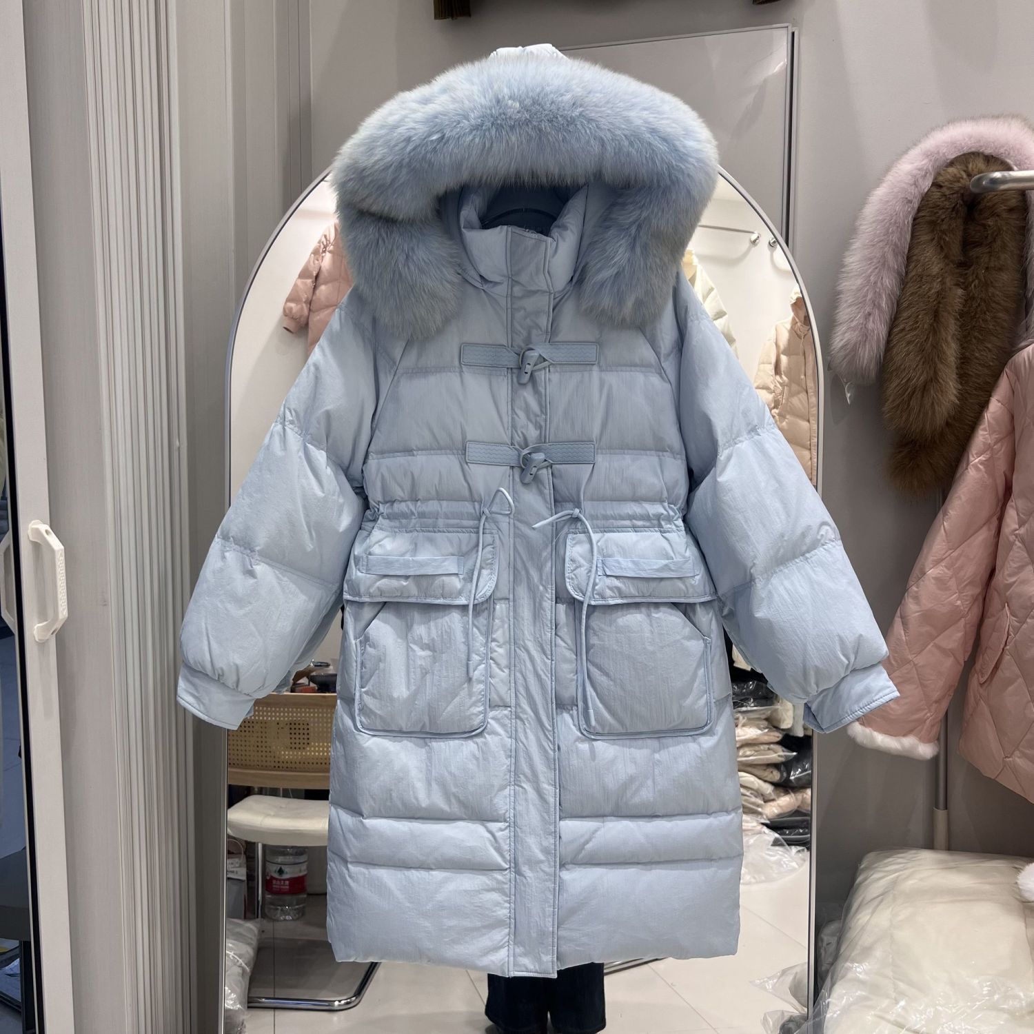 A3I2025冬季新款长款过膝大毛领羽绒服过膝加厚韩版收腰白鸭绒外