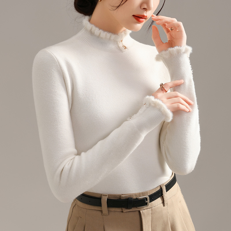 Suéter negro de otoño y invierno de mujer con camisa de fondo de cuello de media altura gruesa 2024 nuevo suéter de terciopelo suave y calentador