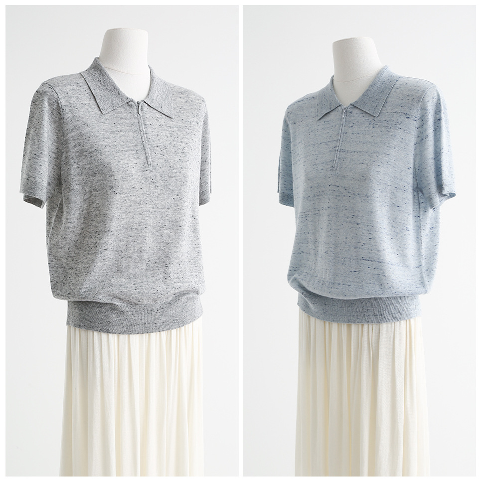 Colorful yarn old money simple temperament POLO lapel zipper short sleeve sweater linen wool top women's 65312