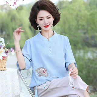 中年妈妈夏装短袖国风衬衫中老年妇女装夏季新中式棉麻小衫两件套
