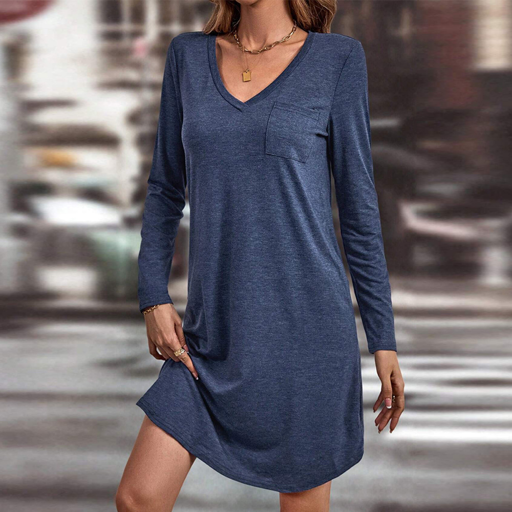 Autumn Winter Popular Women Clothing Loose Casual V neck Solid Color Long Sleeve Dress