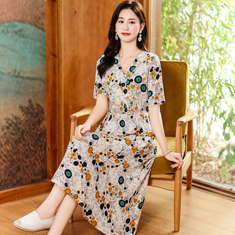 高端棉绸连衣裙新款夏季女妈妈时尚印花人造棉宽松大码外穿长裙子|undefined