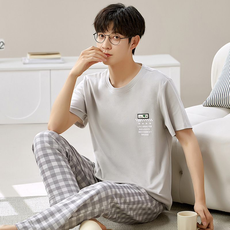 2024 봄과 여름 새로운 잠옷 남자의 순면 홈 옷 짧은 소매 바지 여름 둥근 목 캐주얼 청소년 남성 세트