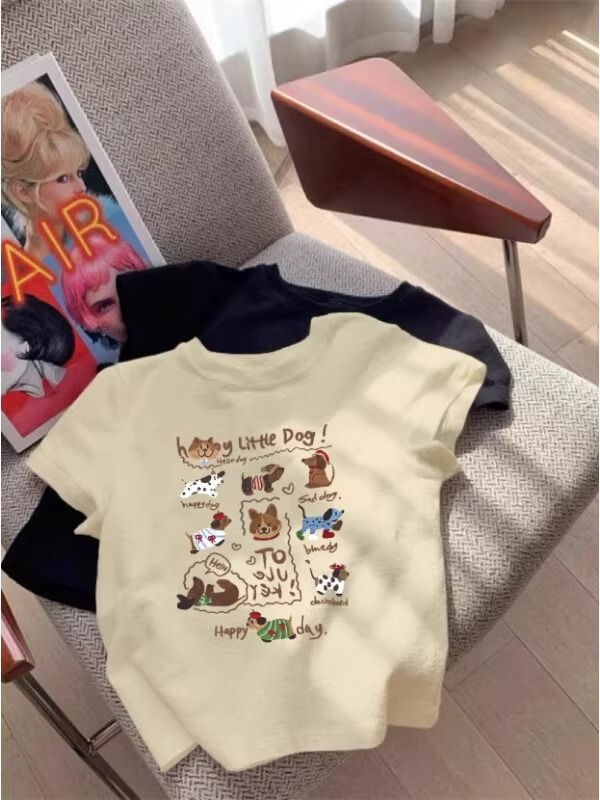 ネイビーブルーの純綿半袖Tシャツ女性用2025インターネットセレブ人気アメリカンプリントトップス右肩ラウンドネックホットガールシャツ|undefined
