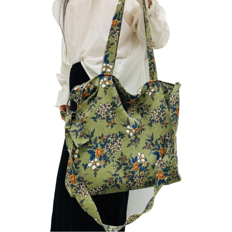 Floral elegante estilo de pana flor vintage bolsa de tela bolsa de hombro bolsa de mensajero bolso de las mujeres frescas cremallera horizontal