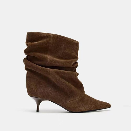 Autumn New Arrival Women's Shoes, Faux Suede Crepe Pointed-toe Cat Heel Short Blocky Brown Pointed-toe Crepe Short