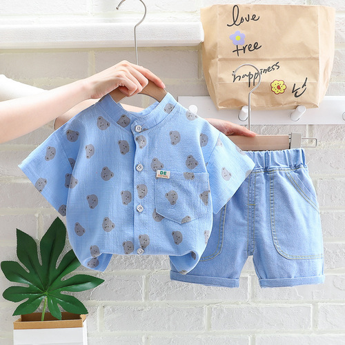 Children's Clothing 2022 Summer Infant and Toddler Suit Boys Short-Sleeved Bear Shirt Two-piece Clothes Suit Agency