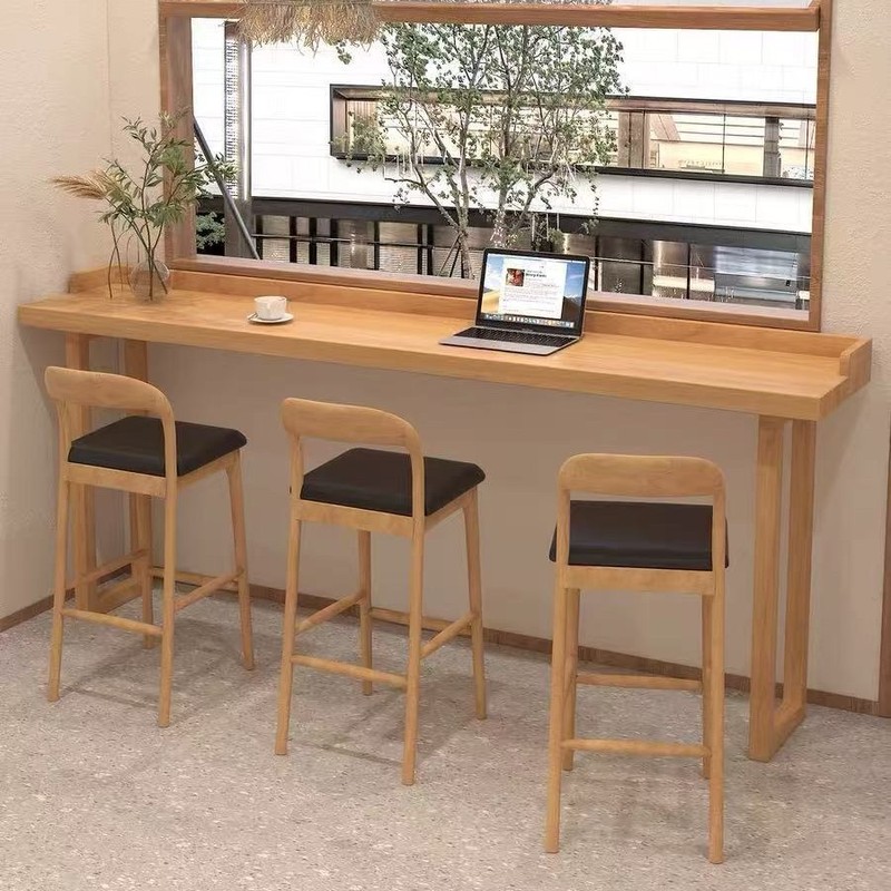 实木吧台桌椅家用酒吧原木色高脚长条桌阳台现代休闲靠墙桌椅组合|undefined