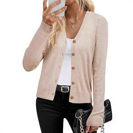 亚马逊爆款女装极简风毛衣女秋冬新款针织开衫V领百搭宽松外套