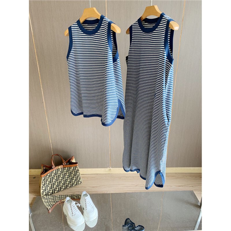 Japanese retro ~ upper body paper people classic stripes contrast color ~ casual loose vest slim dress women