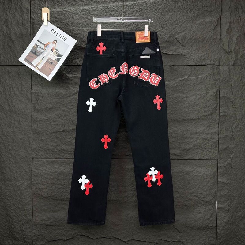 New Embroidered Trendy Men's Jeans High Street American Style Loose Washed Leather Cross Straight-Leg Unisex Pants