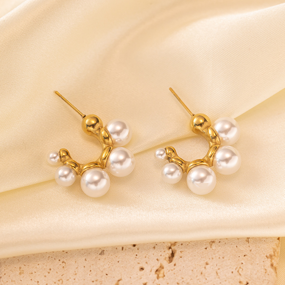 PVD Coated Gold Plating Process 1 Pair Elegant French Style C Shape U Shape Asymmetrical Plating Titanium Steel Artificial Pearls Drop Earrings Earrings Ear Studs