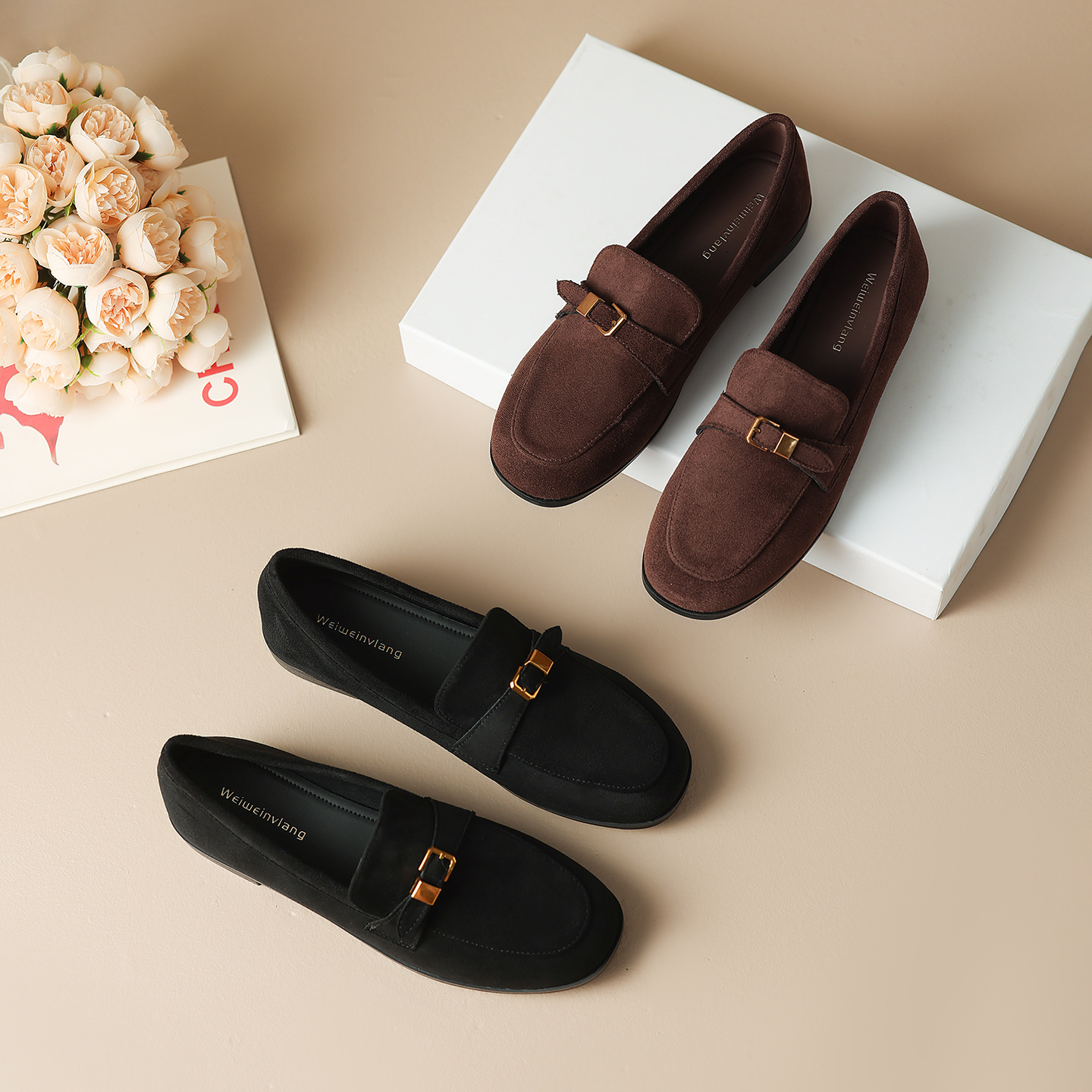 Vintage Old Money Style Women's Loafers for Autumn, Slip-On Brown British Style Small Leather Shoes, Plus Size Commuting Flat Shoes