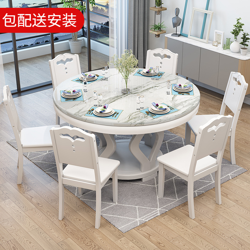 Marble Dining Table Round Table 1.66m Restaurant Round Dining Table Solid Wood Dining Table and Chair Set Marble Turntable