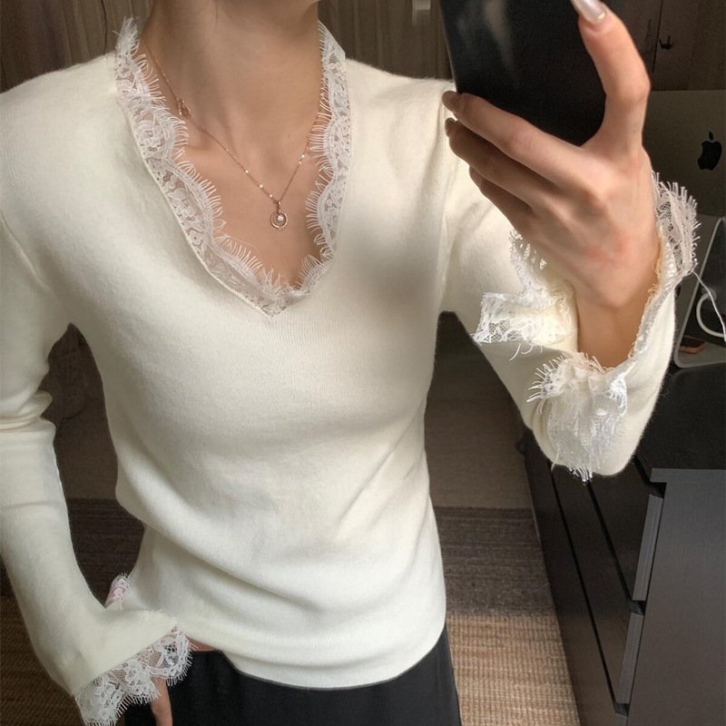 绝美法式气质蕾丝v领打底衫女秋冬喇叭袖上衣高级感针织毛衣内搭|undefined