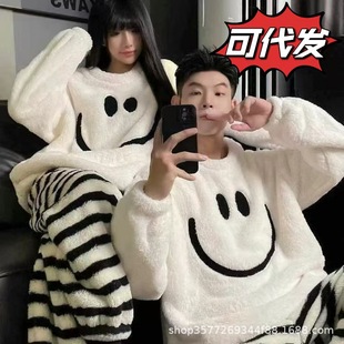 Autumn and Winter Couple Pajamas Women's Coral Fleece Flannel fleece-lined Thickened Men's Winter Warm Home Clothes suit