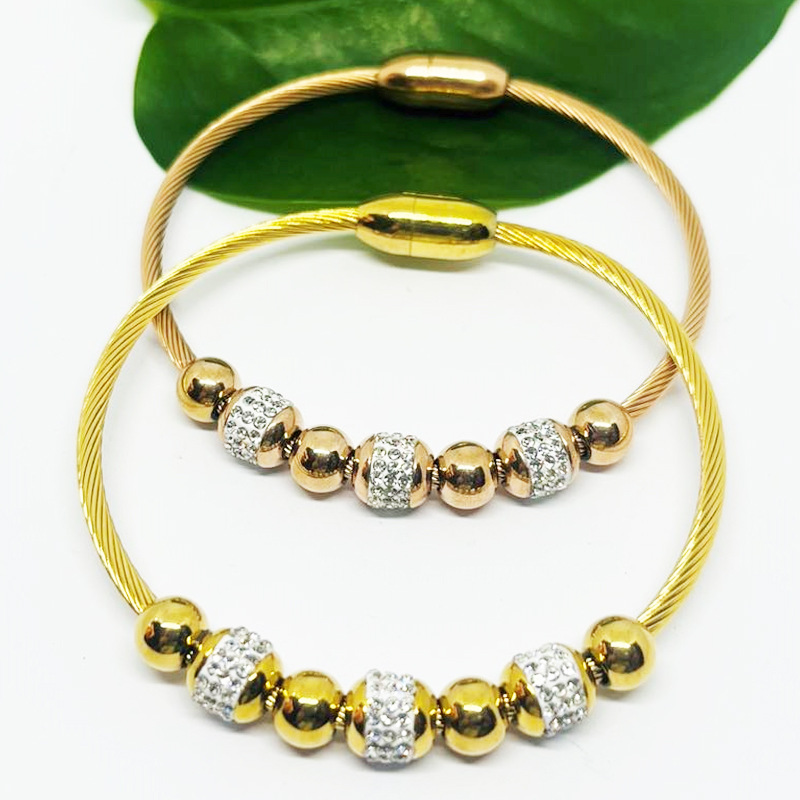 Magnetic buckle bracelet fashion titanium steel bracelet women's diamond-Embedded Multi-accessories round bead gold stainless steel bracelet Women's