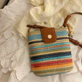 2025新款彩虹慕斯水桶包女夏季编织包大容量时尚撞色单肩斜挎包潮