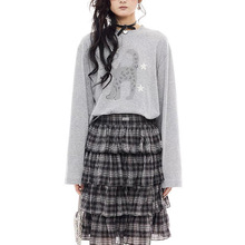 DS25秋新款时髦可爱卡通猫猫印花长袖 松弛感简约宽松灰色休闲T恤