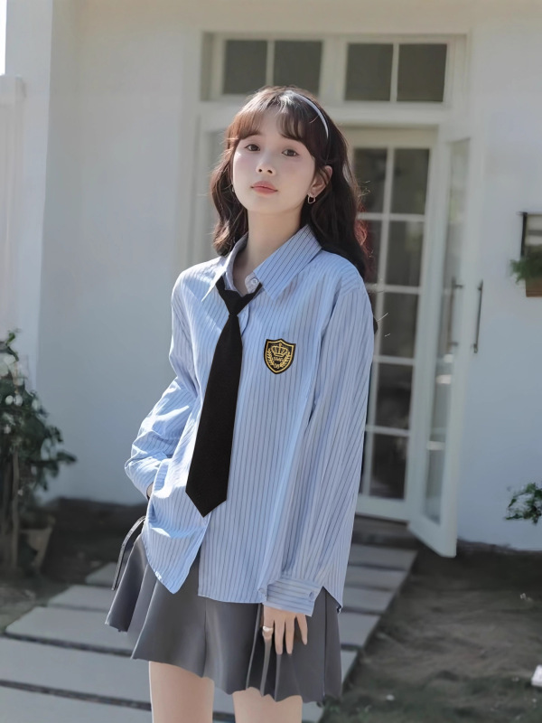 韩系jk制服蓝色条纹衬衫女学生外穿长袖上衣设计感小众百褶裙套装|undefined