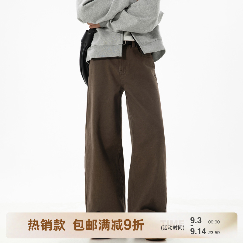 Men's Autumn New Style Twill Loose Straight Casual Pants, Textured Pure Cotton, Semi-Elastic, Trendy Retro Long Pants
