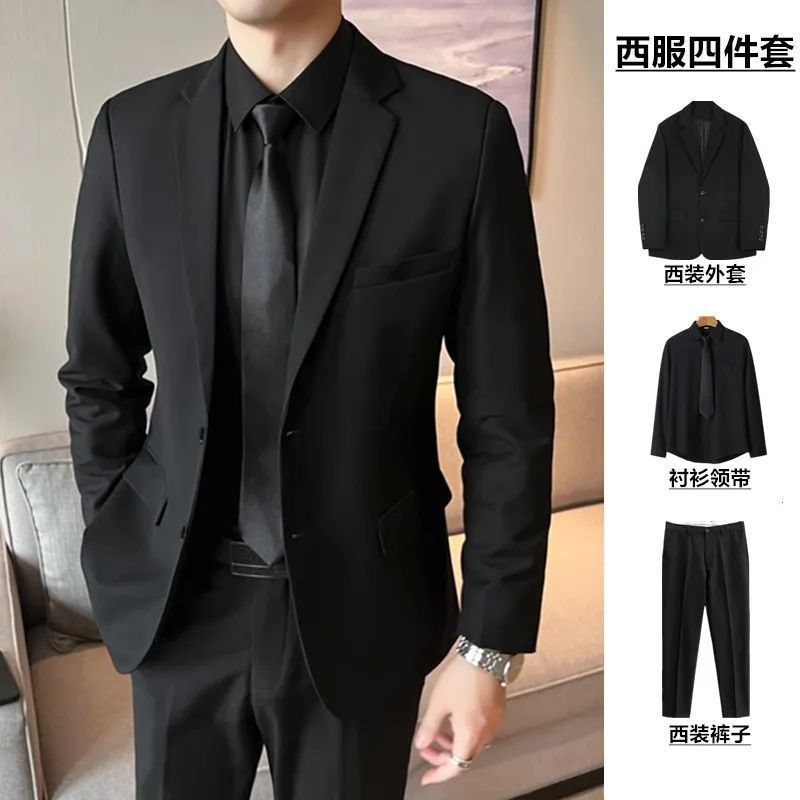 정장 재킷 + 검은색 셔츠 + 넥타이 + 바지