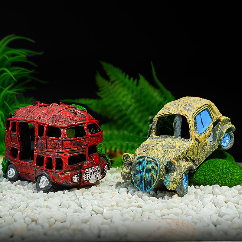 Decoración de acuarios restos de automóviles, paisajismo de peceras, artesanías de resina, nuevas decoraciones evasivas, autobuses viejos