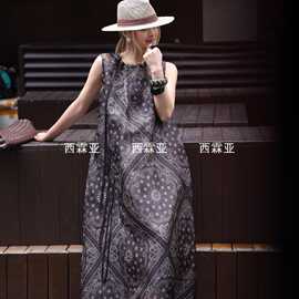 金辉夏季桑蚕丝欧根纱围巾印花连衣裙极简大方时尚气质女