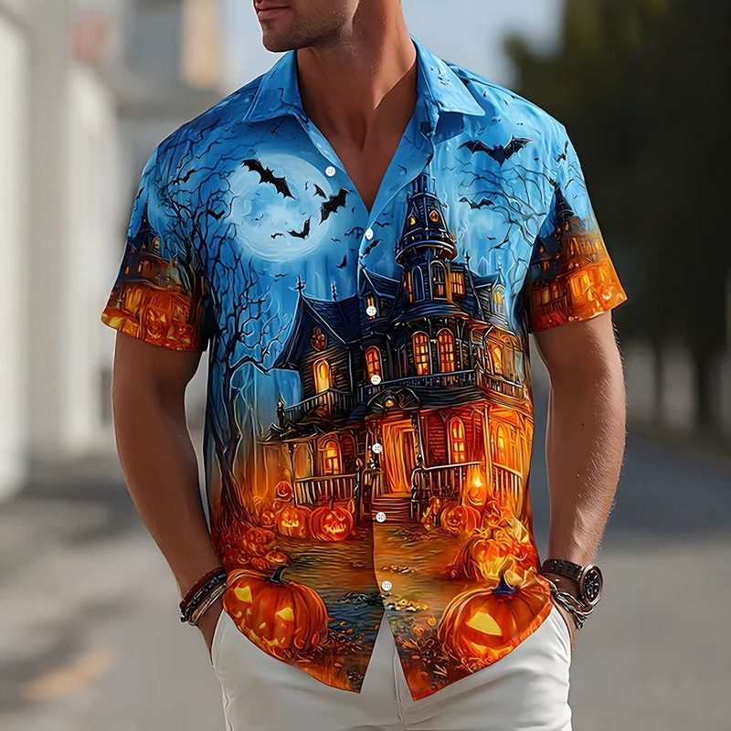 2026 Men's Halloween Autumn European and American Style Pumpkin Skull Ghost Castle Bat Print Short Sleeve Shirt Customization
