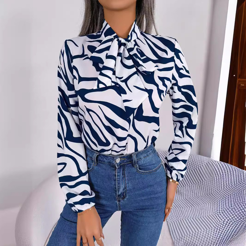 Amazon Cross Border 2024 Summer TUEN New Women's Bow Long Sleeve T-Shirt Elegant Striped Shirt Top