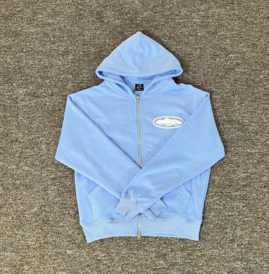 Corteiz Island Puff Print Zip Hoodie Baby Blue