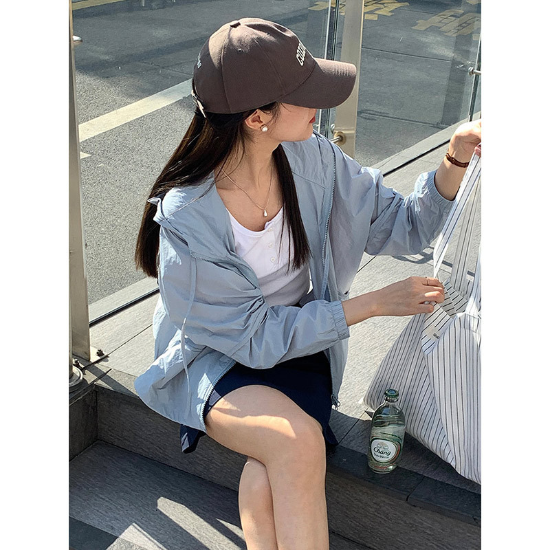 Chaqueta Corta de Protección Solar con Capucha para Mujer Nailon Protección UV Con Cremallera