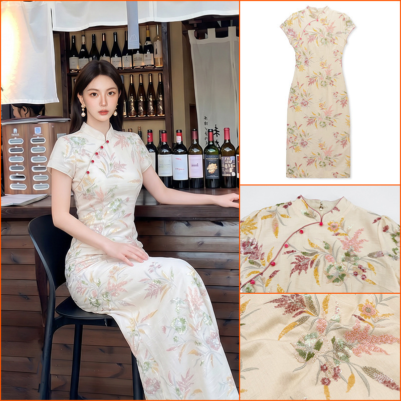 Summer New Style Improved Chinese-Style Elegant Embroidered Slim-Fit Long Dress for Women P0531